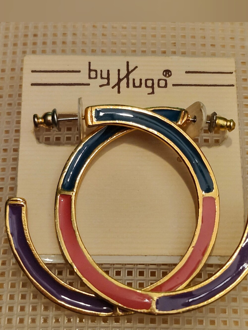 Vtg HUGO Gold-Tone Enamel Hoop Earrings in Pink, Teal Green & Purple, 1980s
